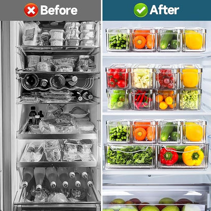 14 Pack Fridge Organizers and Storage - Refrigerator Organizer Bins with Lids, BPA-Free Fridge Organization, Fruit Storage Containers for Fridge, Vegetable, Food, Drinks, Cereals, Clear