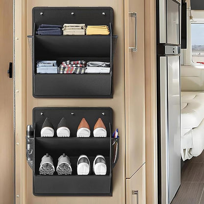 Rv Shoe Storage 2Pcs Behind the Door Shoe Hanger with Adhesive Hook Hanging Shoes Rack with Large Pockets ＆ Mesh Side Pockets Space Saving Fabric Organizer Door Hanger