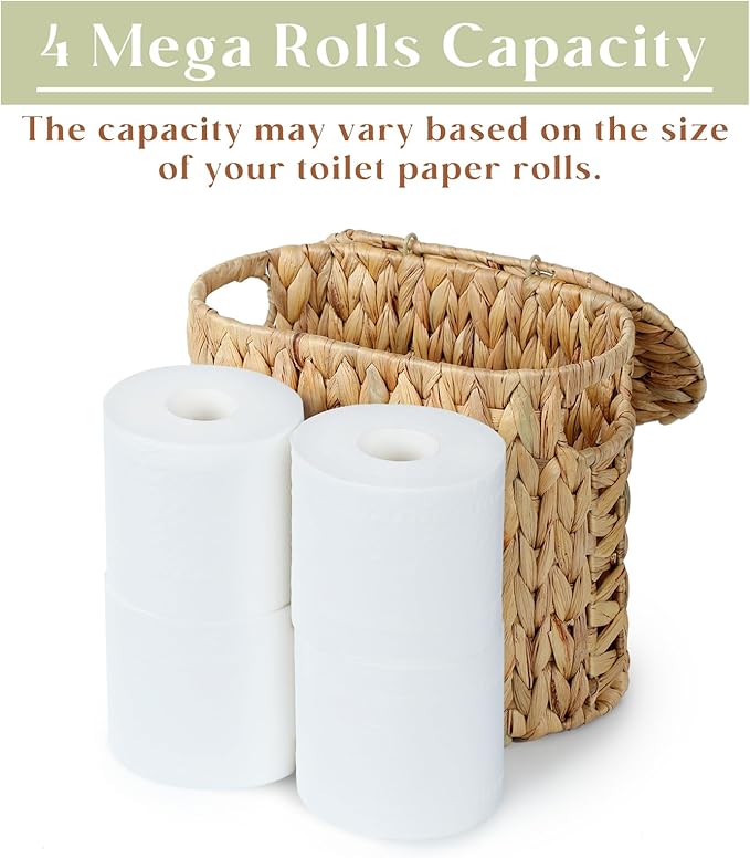 YANGQIHOME Toilet Paper Storage, Water Hyacinth Toilet Paper Storage with Lid, Papers Container for up to 4 Mega Rolls, Bathroom Basket Organizer