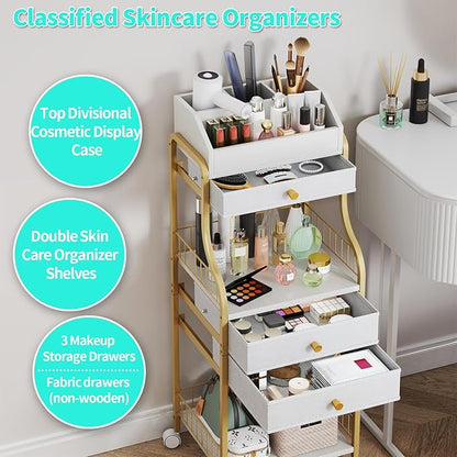 HapiRm Floor Makeup Organizer Storage - Vanity Skincare Make Up Organizers and Storage with Drawers, Cosmetics Display Cases Holder for Skin Care Nail Polish Perfume Makeup Brush, Gold