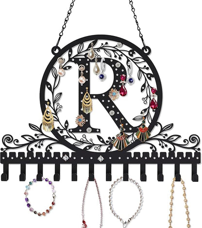 Wall-Mounted Metal Initial Letter R Earring Holder Hanging Jewelry Organizer for Earrings and Necklaces Space-Saving Wall Display with Hooks for Jewelry Storage