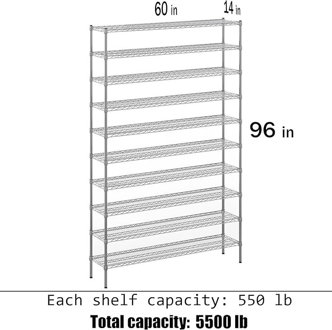 14" Deep x 60" Wide x 96" Height Wire Shelving Kit | 10-Tier | NSF Commercial Storage Rack Unit