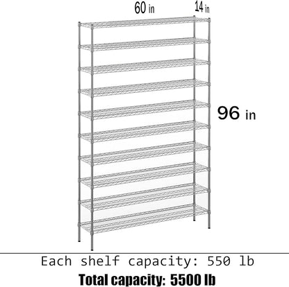14" Deep x 60" Wide x 96" Height Wire Shelving Kit | 10-Tier | NSF Commercial Storage Rack Unit