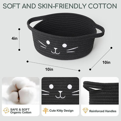 Small Cat Toy Basket, 10”x10”x4” Black Cotton Rope Storage Bin with Handles, Woven Cat Organizer Box for Indoor Pets, Cute Kitty Easter Basket Gifts Empty, Cat-Shaped Boo Halloween Bin