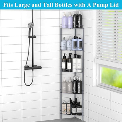 HuggieGems 5 Tier Floor Standing Corner Shower Caddy Organizer Shelf with Hooks, Bathroom Shelves Stand Rack, Dark Gray