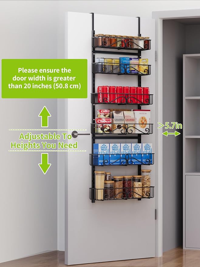 6-Tier Over the Door Pantry Organizer, Pantry Organization And Storage, 60.4"H Adjustable Metal Hanging Storage Organizer Metal Shelving for Home & Kitchen, Office Laundry Room Bathroom Black