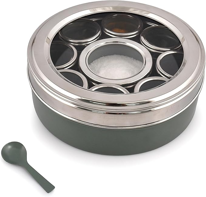 Elan Stainless Steel Masala Box | Spice Storage Container | Masala Dani With 9 Containers and Small Spoon | Masala Dabba For Kitchen See Through Lid | Kitchen Spice Organiser (Moss green)