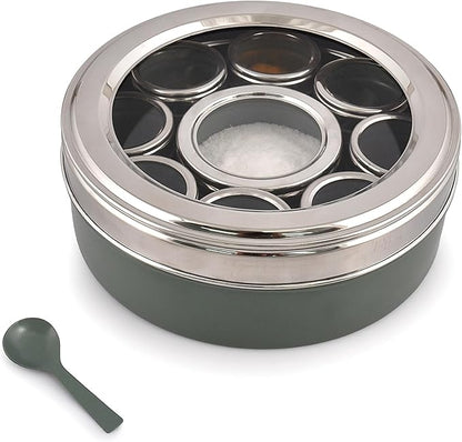 Elan Stainless Steel Masala Box | Spice Storage Container | Masala Dani With 9 Containers and Small Spoon | Masala Dabba For Kitchen See Through Lid | Kitchen Spice Organiser (Moss green)