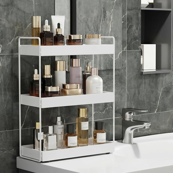 Elsjoy 3-Tier Bathroom Countertop Organizer, White Vanity Tray for Cosmetic & Makeup, Metal Organizer Shelf Counter Storage Rack for Kitchen, Bathroom Toiletries