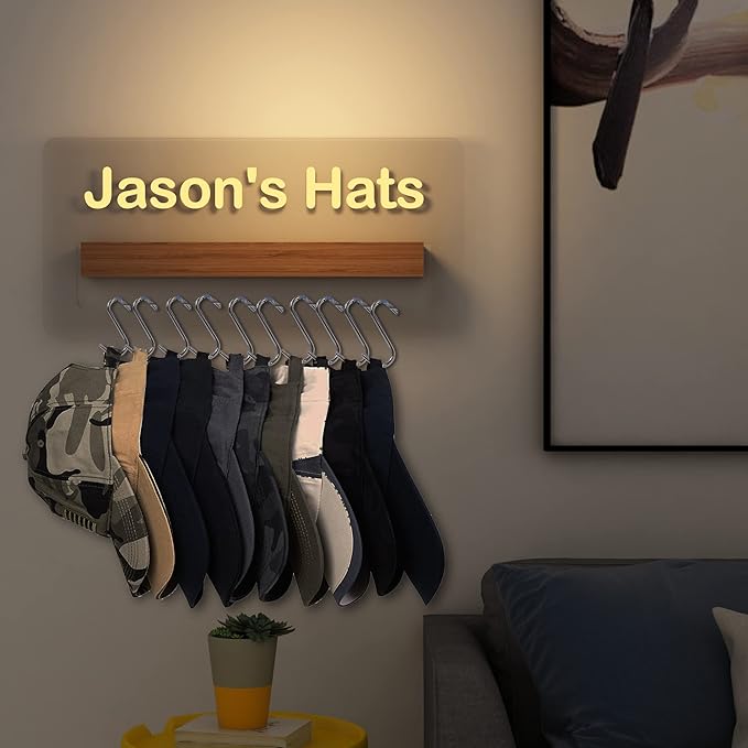 Lampeez Light up Hat Organizer, Personalized Hat Holder with Acrylic and Wood Materials and LED Lights, Hat Racks for Baseball Caps