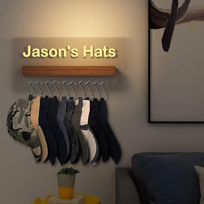 Lampeez Light up Hat Organizer, Personalized Hat Holder with Acrylic and Wood Materials and LED Lights, Hat Racks for Baseball Caps