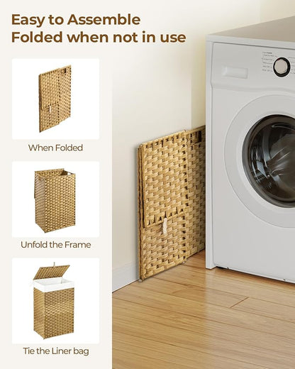 GREENSTELL Laundry Hamper with Lid, 60L Clothes Hamper with 2 Removable Liner Bags & 2 Mesh Laundry Bags, Handwoven Synthetic Rattan Laundry Basket for Clothes, Toys in Bathroom, Bedroom Natural