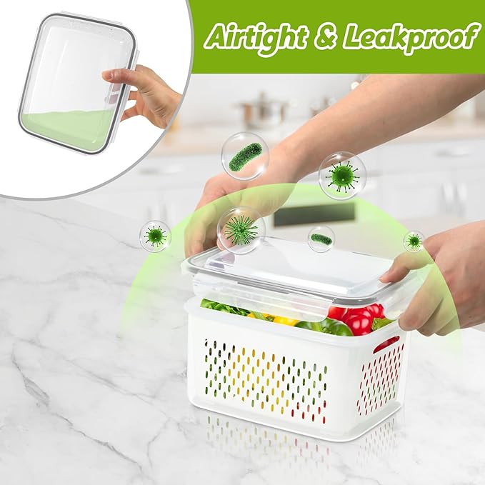 12 Pieces Fruit Storage Containers For Fridge, 6 Pack BPA-Free Fresh Food Containers with Removable Colanders and Airtight Lids, Fresh for Fruit Berry Produce Vegetable, Dishwasher & Microwave Safe