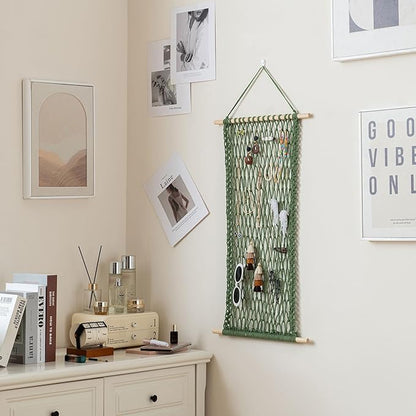 Pretty Jolly Hanging Jewelry Mesh Organizer Macrame Wall Mounted Necklaces Storage Earring Display Rack Girls Hair Clips Hanger with 20 Pieces S Shape Hooks for Bracelets,Necklace and Rings(Green)