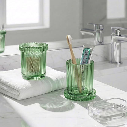 2 Pack Qtip Holder - Apothecary Jars with Lids, Bathroom Organizers and Storage Canister for Cotton Balls,Swabs,Floss Picks,Hair Ties,Clear Glass Vintage Bathroom Decor Jar Set (Green)