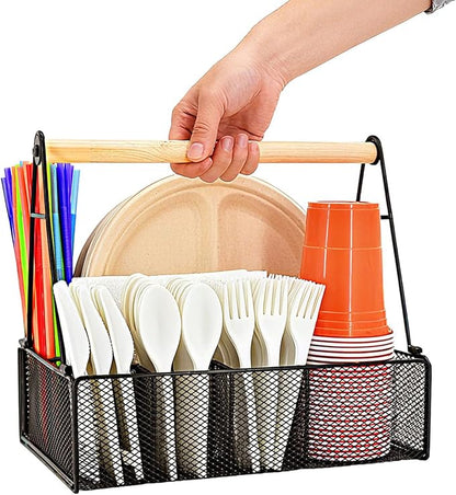 Wood Handle Silverware Caddy for Party – Paper Plate Organizer for Countertop – 7 Compartment Utensil Holder for Plates, Cups, Napkins, and Cutlery – Picnic, Camping, or Kitchen Buffet