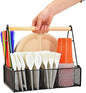 Wood Handle Silverware Caddy for Party – Paper Plate Organizer for Countertop – 7 Compartment Utensil Holder for Plates, Cups, Napkins, and Cutlery – Picnic, Camping, or Kitchen Buffet