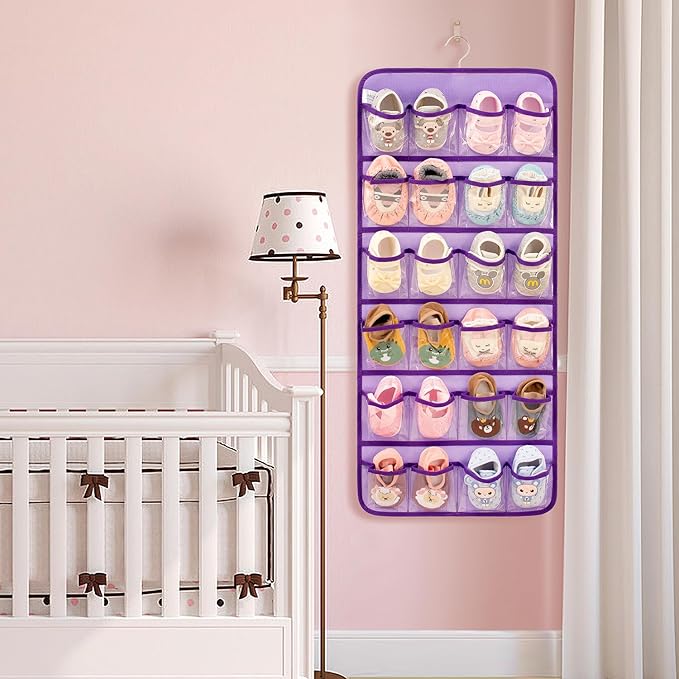 Dual-sided Hanging Baby Shoes Organizer Closet Toddler Shoe Storage Holder for Kids Bow Socks Underwear (PURPLE)