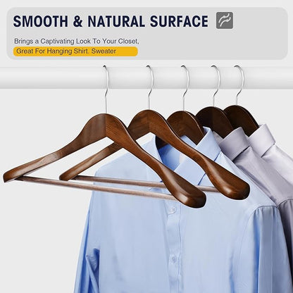 Wooden Coat Hangers - Wide Shoulder Hangers with Non Slip Pants Holder, Heavy Duty, for Men, Women, Suit, Coat, Jacket, Pants (Walnut, 10 Pack)