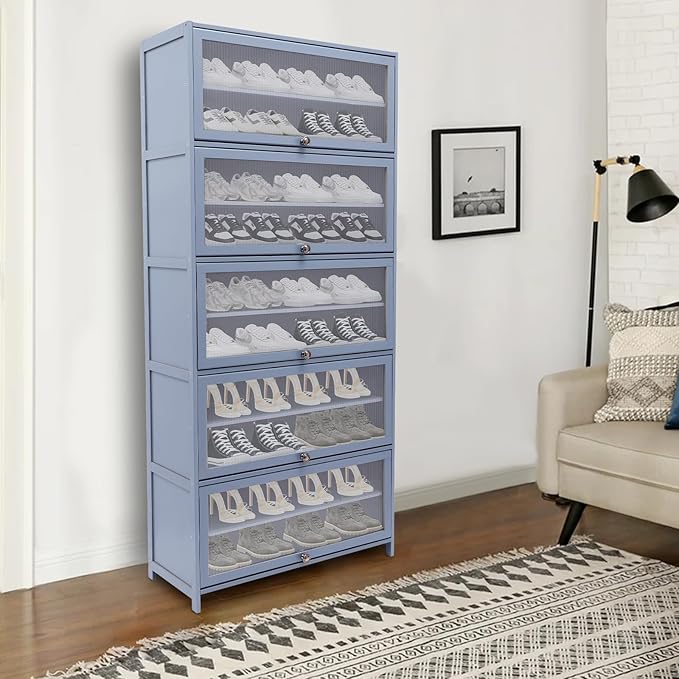 10 Tiers Shoe Storage Cabinet,Free Standing Shoe Rack with Transparent Cabinet Door,Hall Organizers & Storage Rack with Adjustable Shelf for Entryway Living Room.,31.5 * 12.6 in (Grayish Blue)
