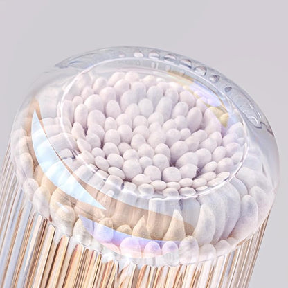2 Pack Glass Qtip Holder Dispenser Set - Bathroom Organizer for Cotton Swabs, Balls, Pads, Floss Picks - Clear Apothecary Jars for Vanity, Makeup Storage, Bathroom Accessories Decor (Iridescent)