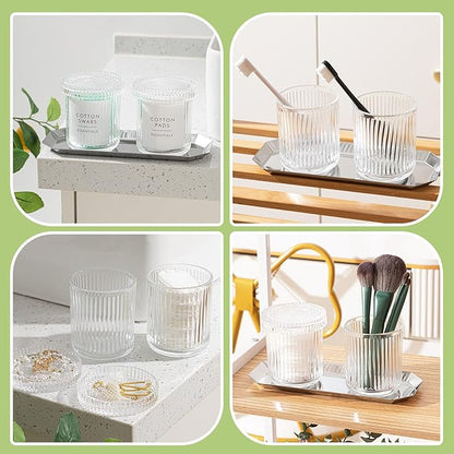 2 Pcs Crystal Glass Candy Jars Set with Lids and Stainless Steel Vanity Tray, Q tip Holder, Apothecary Jars, Glass Bathroom Accessories Organizer, Esthetic Modern Bathroom Decor(Clear)