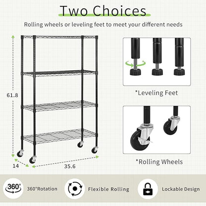 4 Tier Wire Shelving Unit 62" H x 36L x 14D Heavy Duty Metal Shelf 1400Lb Capacity Storage Shelves w/Wheels Adjustable Kitchen Storage Racks Wire Shelves for Pantry Garage, Black