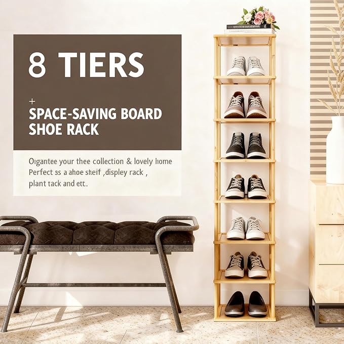 Aniston 8 Tier Bamboo Shoe Rack, Free Standing Slim Narrow Shoe Storage, Vertical Tall Shoe Shelf Organiser for Garage, Closet, Doorway, Corner, Living Room Small Spaces