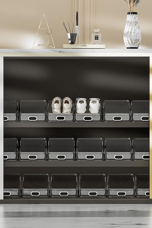 HYGRAD - Double Layer Shoe Rack Slots Organizer 25 X 23 X 12.7cm Stacker Space - Saving Transparent Plastic Shoe Holder - Stand Shoe Rack Wardrobe Storage For Cabinet (Silver, 12pcs)