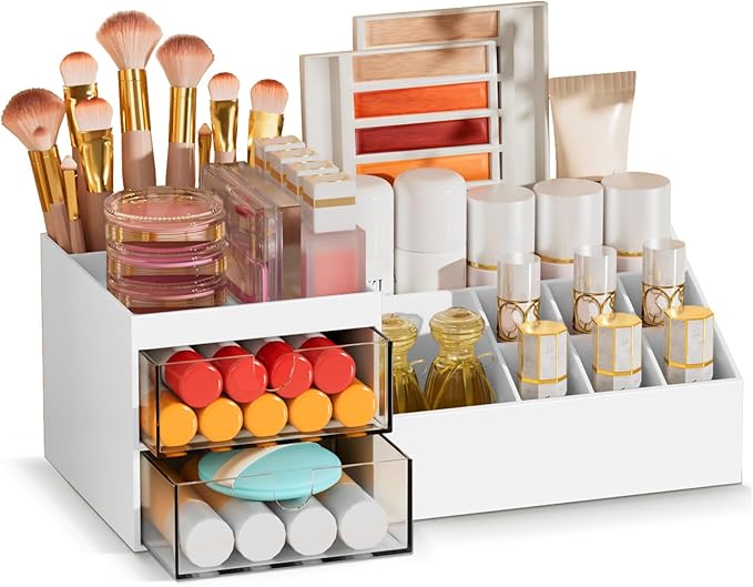 Subsky Makeup Organizer with Drawers, Easy Storage for Beauty Products Brushes, Multifunction Plastic Desk Organizer, Cosmetics Organizer for Countertop Dresser Vanity and Bathroom (White)