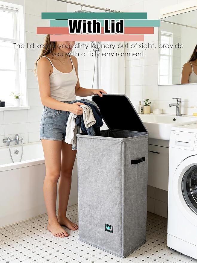 WTREE Laundry Hamper with Lid, Reinforced Sturdy Clothes Hamper with Anti-Puncture Base, Large Collapsible Laundry Basket with Removable Liner Bag, Tall Dirty Clothes Bin for Family, 100L Grey