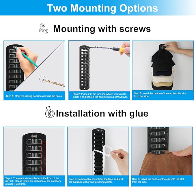 Hat Organizer for Baseball Caps, 2 Pack Hat Rack for Wall Hold up to 20 Hats, Strong Adhesive Hat Storage Display Holder, Wall Mounted Hat Hooks Cap Holders for Door Closet Bedroom (2)