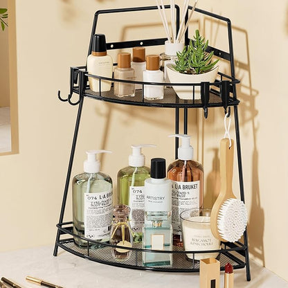 VITVITI 2 Tier Corner Bathroom Counter Organizer, Metal Bathroom Countertop Organizer Shelf Storage, Bath Room Sink Makeup Organizers for Vanity Perfume Skincare with Hooks, Black