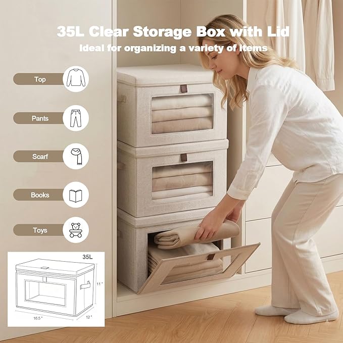 35L Large Closet Organizers and Storage Bins 2-Pack, Collapsible Fabric Storage Boxes with Lids and Handles, Front Opening Wardrobe Container with Clear Window for Clothes, Blankets, Living Room, Dorm