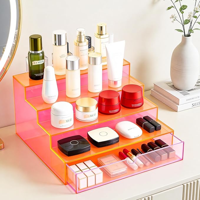 Perfume Organizer for Women Acrylic Perfume Display Shelf with Drawer 4-Tier Makeup Stand for Vanity Cosmetic Display Case, Neon Pink