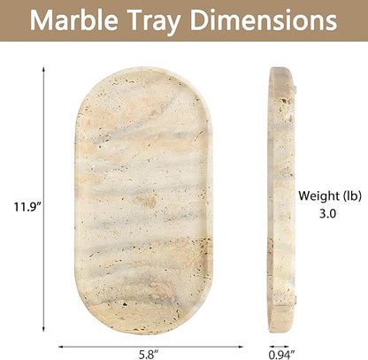 YMXYJM Genuine Real Natural Marble Tray for Bathroom, Luxury Ultra White Travertine Stone Vanity Tray, Decorative Oval Trays for Countertop Storage, Vanity, Dresser, Kitchen, Home Decor, 11.9"*5.8"
