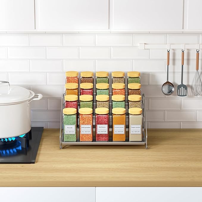 RCHYFEED 2 Pack 4 Tier Adjustable Spice Rack Organizer, Foldable Chrome Vertical Spice Organizer for Cabinet & Countertop, Space Saving Storage Shelf for Kitchen Pantry Bathroom