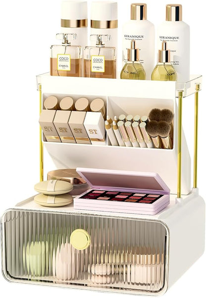 FOLLOWIN Bathroom Counter Organizer with Drawer, Dresser Top Organizer with Make Up Brush Holder, Makeup Shelf, Vanity Organizers, Cosmetic Perfume Organizer, Clear
