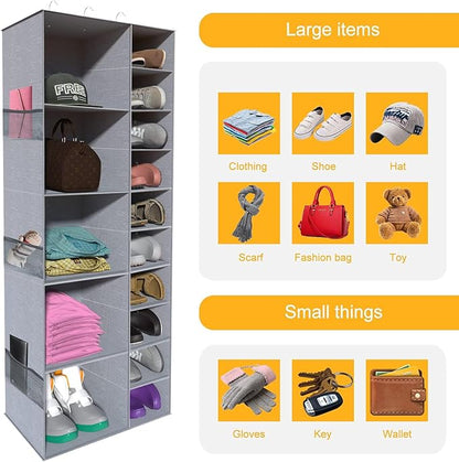 Hanging Shoe Closet Storage Organizer, 10+5 Sections Closet Organizers and Storage Shelves Shoe Rack Holder Hanger, Grey