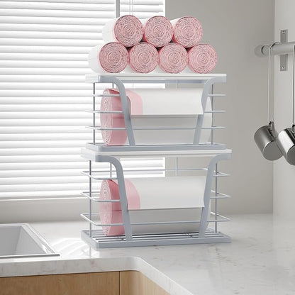 TIDIIABODE 2 Pack Gray Trash Bag Organizer for Kitchen and Pantry, Upgraded Stackable Metal Garbage Bag Holder with Bamboo Top, Modern Under Sink Storage Dispenser for Laundry Room, Garage