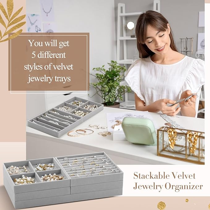 Cinnvoice Set of 5 Stackable Jewelry Organizer Trays for Drawer 14 Inch Velvet Jewelry Drawer Insert Display Storage with Removable Divider for Necklace Earring Ring Watch Bracelet (Gray)