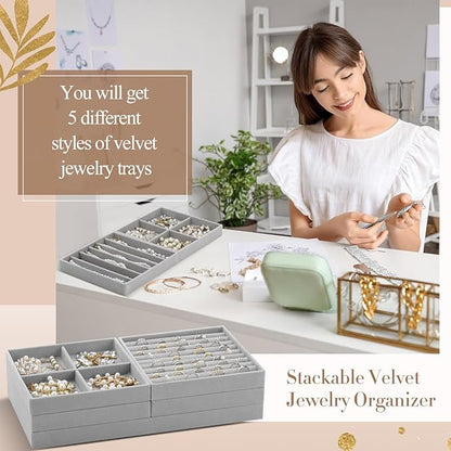 Cinnvoice Set of 5 Stackable Jewelry Organizer Trays for Drawer 14 Inch Velvet Jewelry Drawer Insert Display Storage with Removable Divider for Necklace Earring Ring Watch Bracelet (Gray)