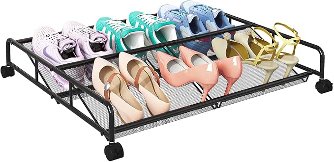 Under Bed Shoe Storage Organizer, Metal Mesh Under Bed Storage Containers with Wheels, Shoe Organizer Drawer Space Saving for Bedroom, 1 Pack