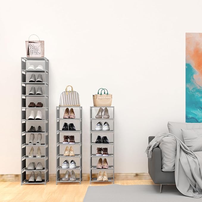 10 Tier Vertical Shoe Rack - Grey Narrow Shoe Rack for Closet & Entryway, Space Saving Tall Shoe Organizer for Small Spaces, Sturdy Skinny Shoe Tower Stand for Boots & Heels, Grey