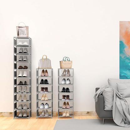 10 Tier Vertical Shoe Rack - Grey Narrow Shoe Rack for Closet & Entryway, Space Saving Tall Shoe Organizer for Small Spaces, Sturdy Skinny Shoe Tower Stand for Boots & Heels, Grey
