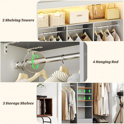 Besiost 48" Closet Organizer System, 4FT Closet System for Small Closets with 4 Hanging Rods & 3 Shelves, 80"H Small Closet Organizers and Storage for Bedrooms, Cloakrooms, Gray