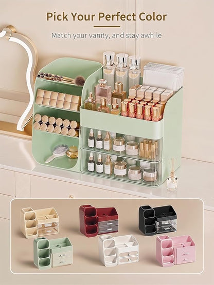 Booklov Makeup Organizer for Vanity, Countertop Cosmetic Display Case with Clear Acrylic Drawers, Bathroom Counter Beauty Caddy, Cute Table Storage Holder for Skincare, Brush Lipsticks, Crystal Green