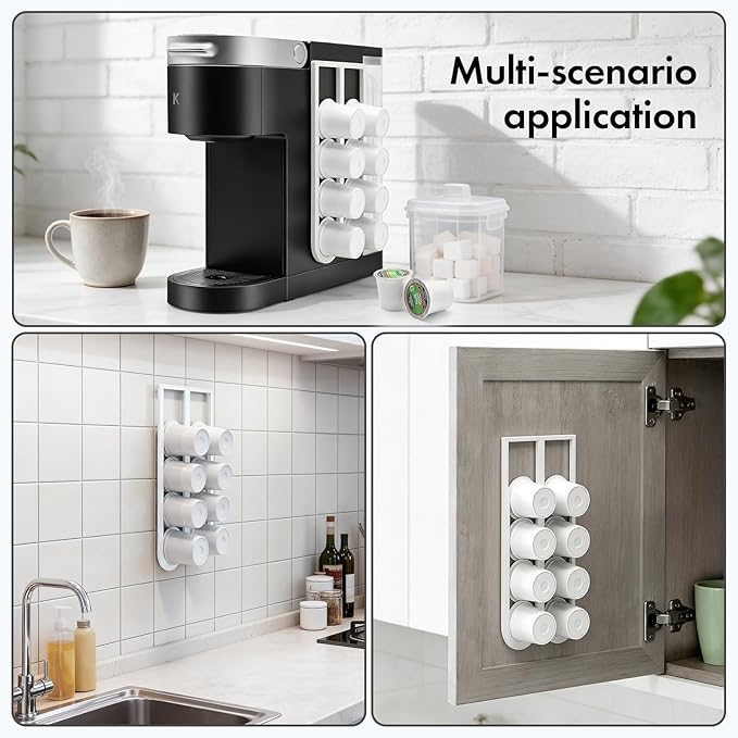 2Pcs White Coffee Pod Holder for Keurig K-Cup, Side Mount Storage Organizer, Wall Mount Design, Space Saving K cup holder, Perfect for Counters Small Space(2 Packs/for 16 K Cups)