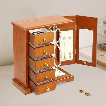 Wooden Jewelry Box, Jewelry Organizer with 5 Drawers, Large Storage Space Desktop Jewelry Storage Box with Anti-Slip Feet,for Organizing Necklaces, Bracelets, Earrings (Light Wood Color)