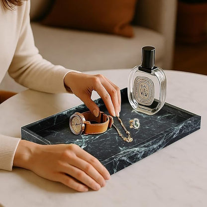 Koville Natural Marble Tray, Coffee Table Vanity/Decorative Tray for Jewerly, Watch, Perfume Candle Storage for Bedroom/Bathroom/Kitchen Countertop